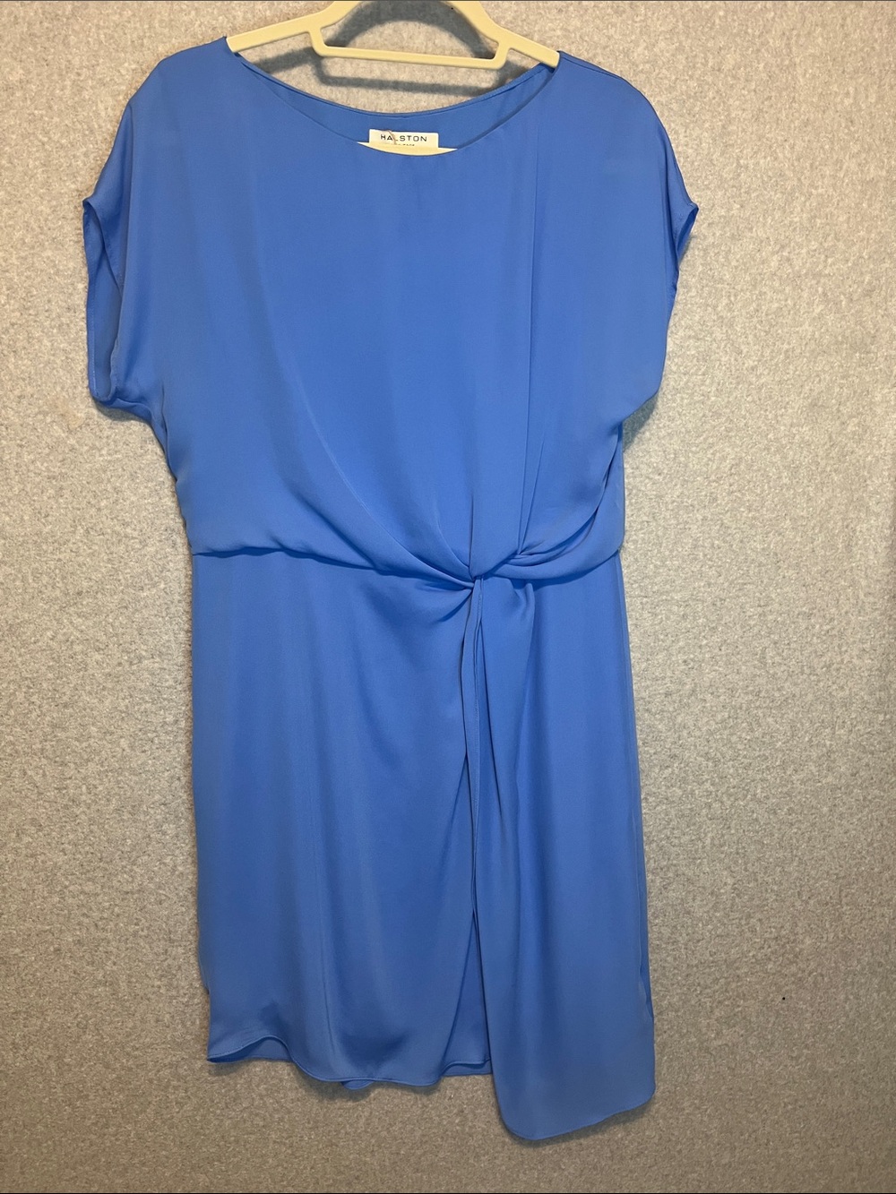 Blue Midi Assymetrical Dress with Twist Draped Overlay Short Sleeve